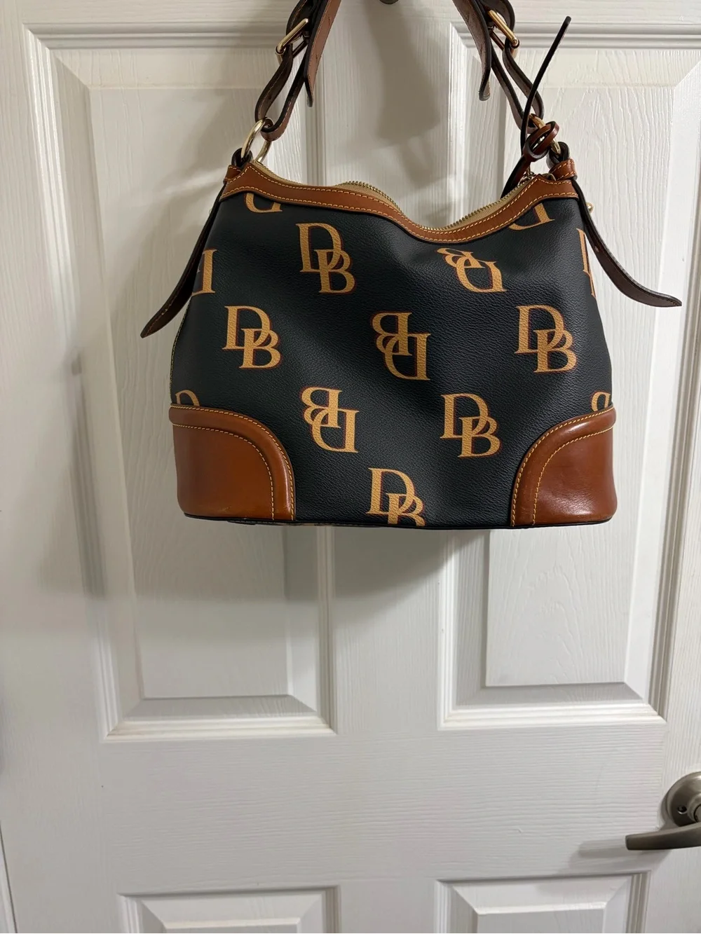 Dooney & Bourke Black and Brown DB Logo Hobo with Gold Hardware